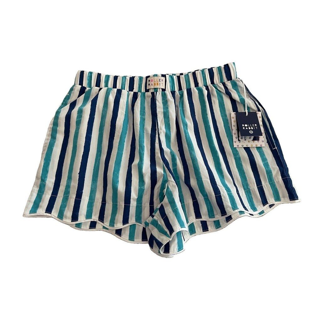 Roller Rabbit x Target Aqua Striped Poplin PJ Shorts Scalloped Hem Lady Small